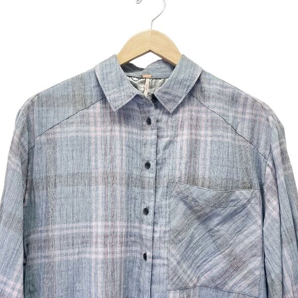 Free People Cropped Cutie Plaid Button Front Cotton Shirt Blue Gray Size Small - Picture 5 of 13